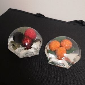 Pair of Vintage Lucite Decorative Glass Paperweights with Red and Orange Berries